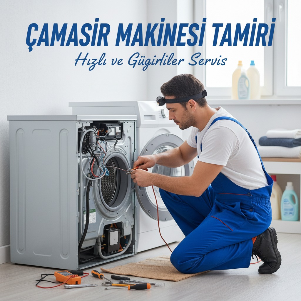 Mavi iş tulumu giymiş bir teknisyen, kapağı açık bir çamaşır makinesini tamir ediyor.